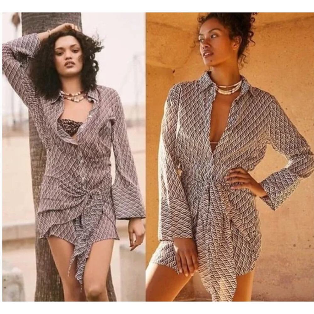 Free People Rillo Dress Sz Small Brown White Button Up Tie Front Shirt Dress NEW